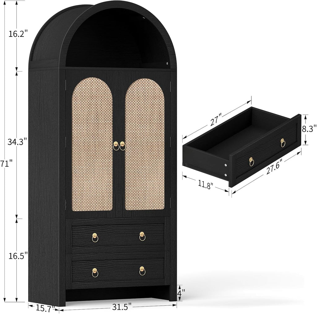 71' Arched Cabinet Kitchen Pantry Cabinet with Rattan Doors, Storage Cabinet with Drawers & Height Adjustable Shelves, Hutch Cabinets with Storage, Tall Arch Bookcase for Dining Room Kitchen, Black