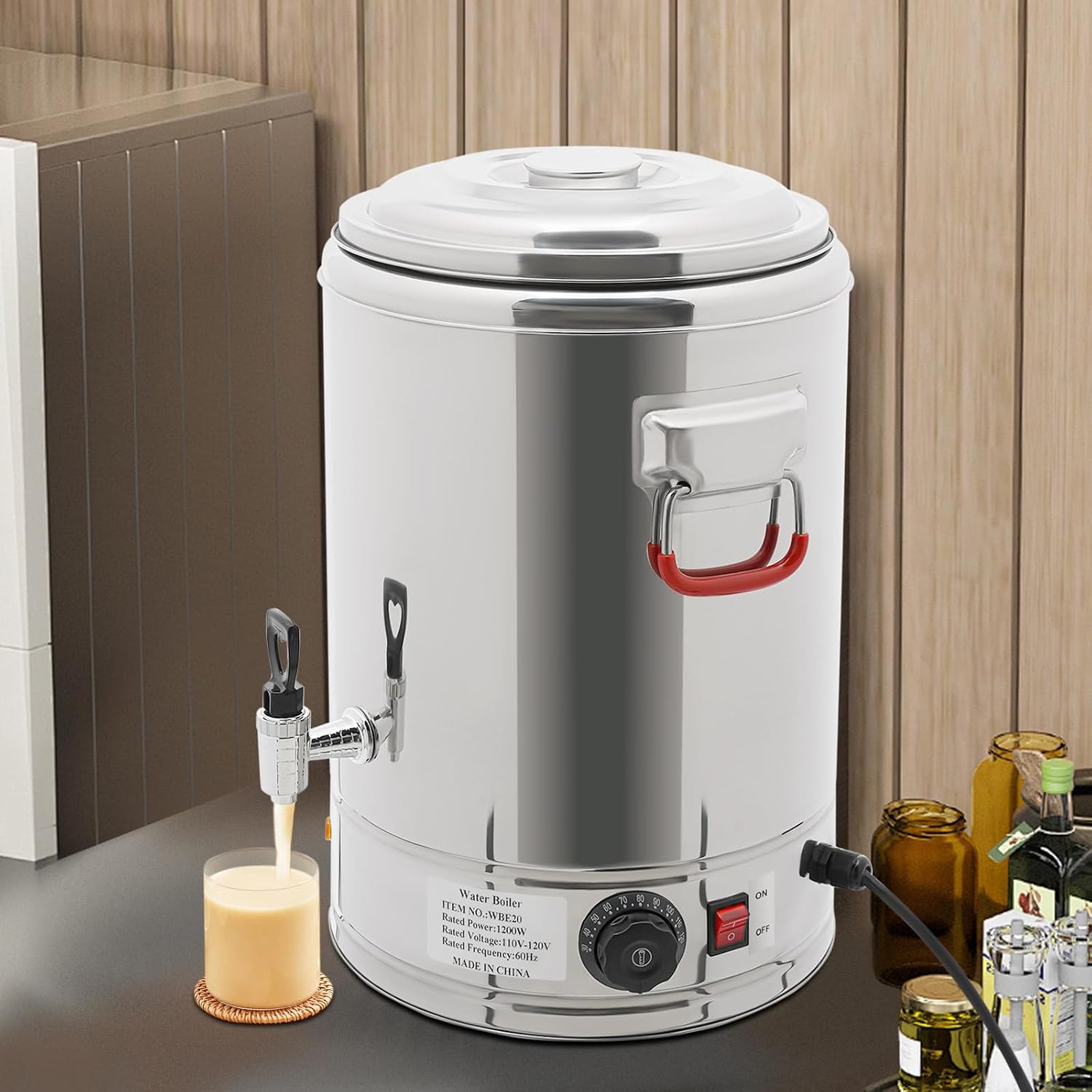 20L Hot Beverage Dispenser 110V with Spigot, Stainless Steel Electric Hot Water Boiler, Insulated Beverage Dispenser for Coffee Tea Milk, Commercial Grade Drink Urn, US Plug, Keep Warm Function