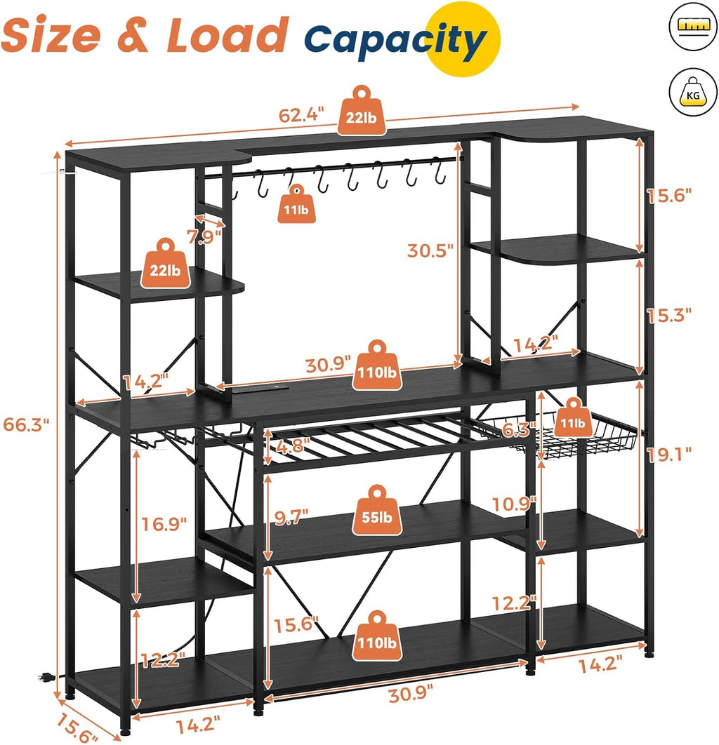 UPOSOJA 62.4in Large Bakers Rack with Power Outlet, Wide Kitchen Microwave Stand with Storage Shelves, 5-Tier Coffee Bar, Wine Rack, Goblet Holder, 8 Hooks, Wire Basket(Black, Large)