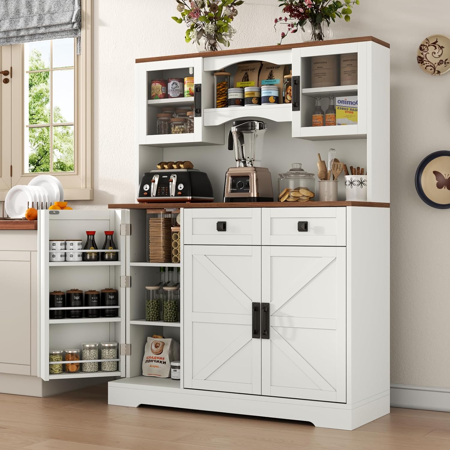 Gyfimoie 60' Tall Farmhouse Kitchen Pantry Storage Cabinet,Kitchen Hutch with Microwave Stand,Freestanding Buffet Pantry Cabinet with Glass Door and Adjustable Shelves for Dining Room (White)