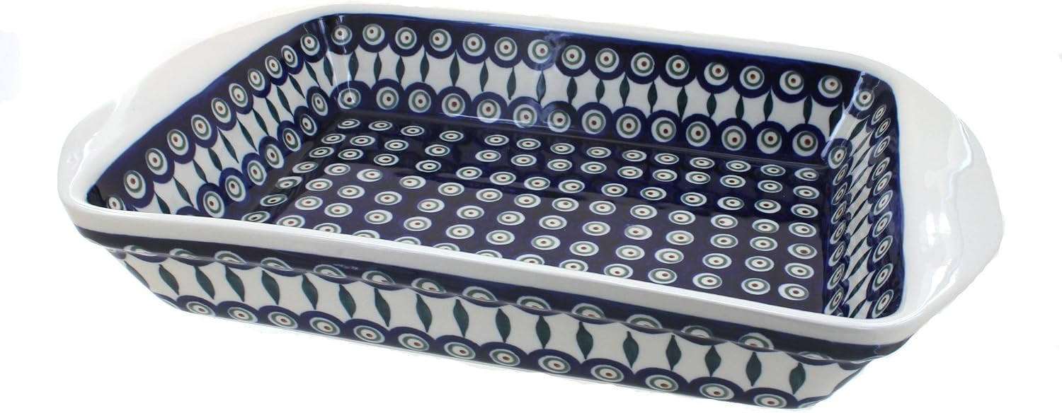 Blue Rose Polish Pottery - Blue Peacock Extra Large Rectangular Baker - 13.75' x 10.75' - Unique, Dishwasher Safe, & Durable Bakeware