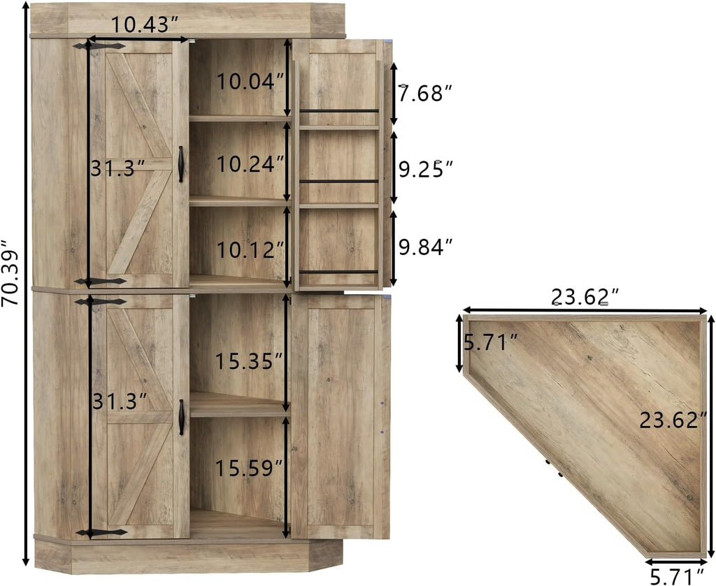 Gyfimoie Corner Cabinet,Kitchen Pantry Storage Cabinet,Freestanding Buffet Hutch with 4 Doors and Shelves,Tall Food Pantry Farmhouse Furniture with Side Rack for Kitchen Dining Room(Retro)
