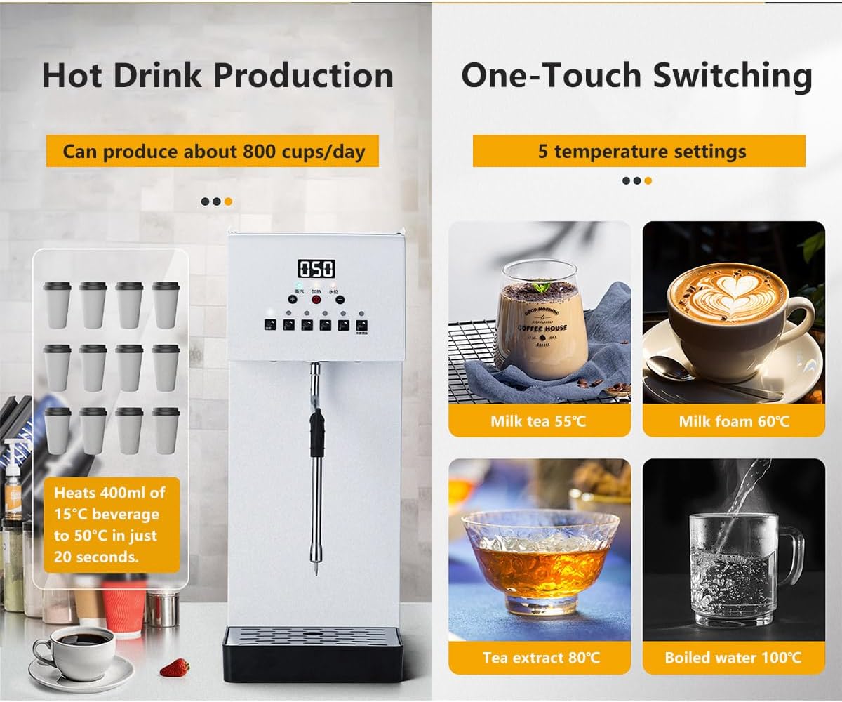 Automatic Milk Frother and Steamer, 2500W Electric Milk Frother and Steamer, Steam Boiling Hot Water Dispenser, 5-Temp Presets, Single 360° Steam Wands, 6l Stainless Steel Tank, LED Display