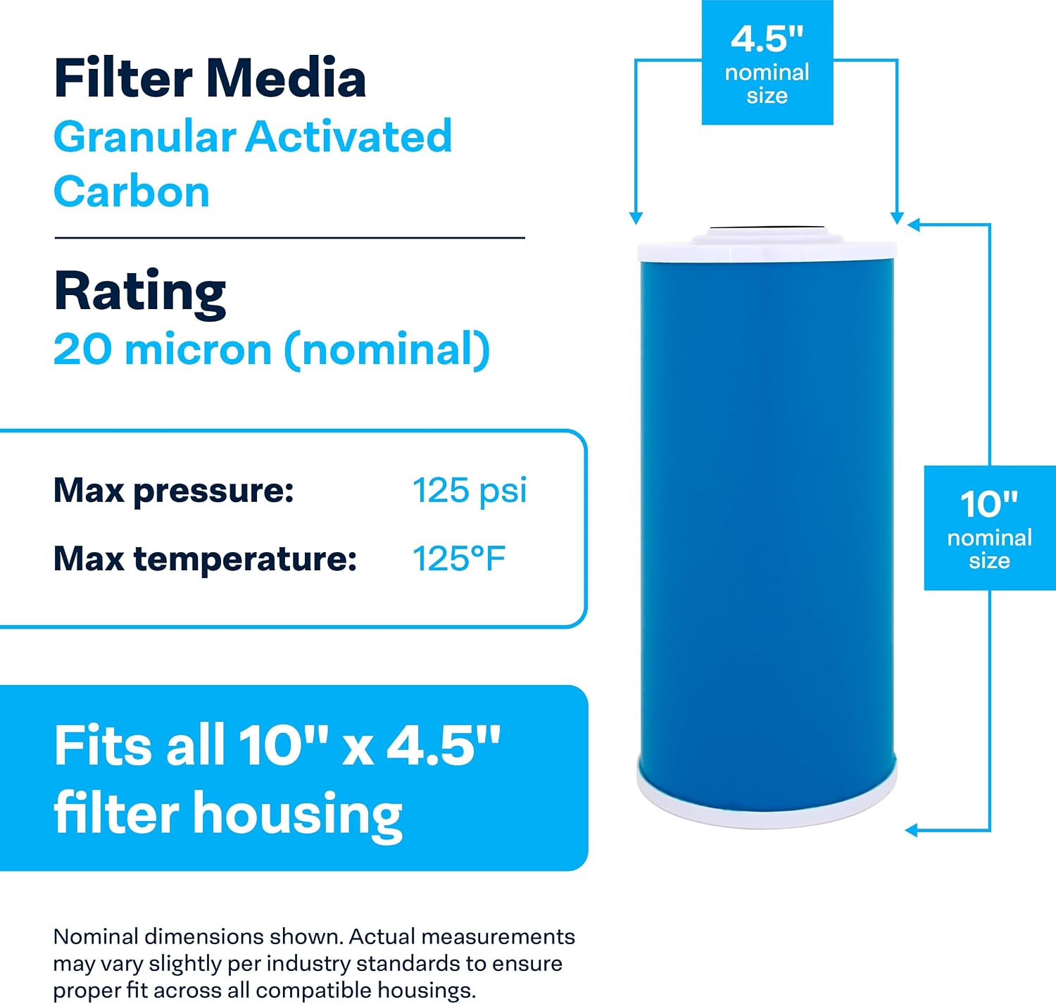 SpiroPure SP-GAC-BB 10x4.5 20 Micron Coconut Shell Granular Activated Carbon (GAC) Water Filter Cartridge GAC-BB 155153-43 (Case of 6)