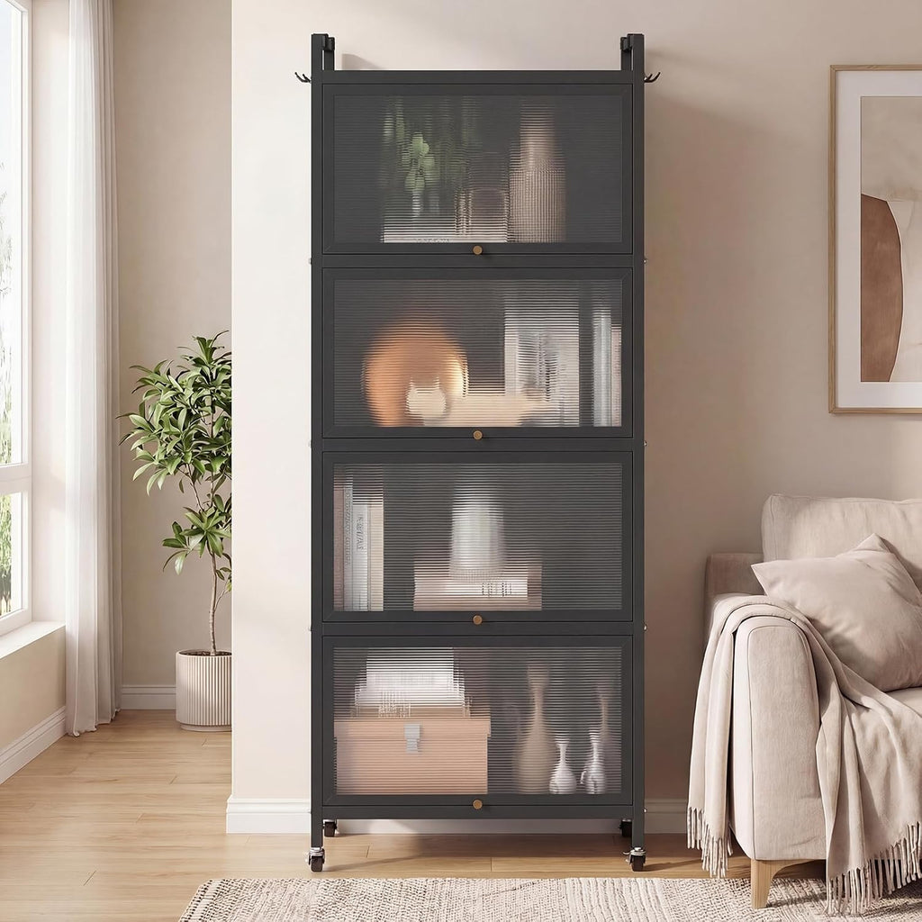 Giantex 5-Tier Kitchen Storage Cabinet, Freestanding Metal Pantry Cabinet w/ 4 Flip-up PC Doors, 4 Hooks & Adjustable Feet, 60' Tall Bakers Rack Microwave Stand for Dining Room, Living Room, Black