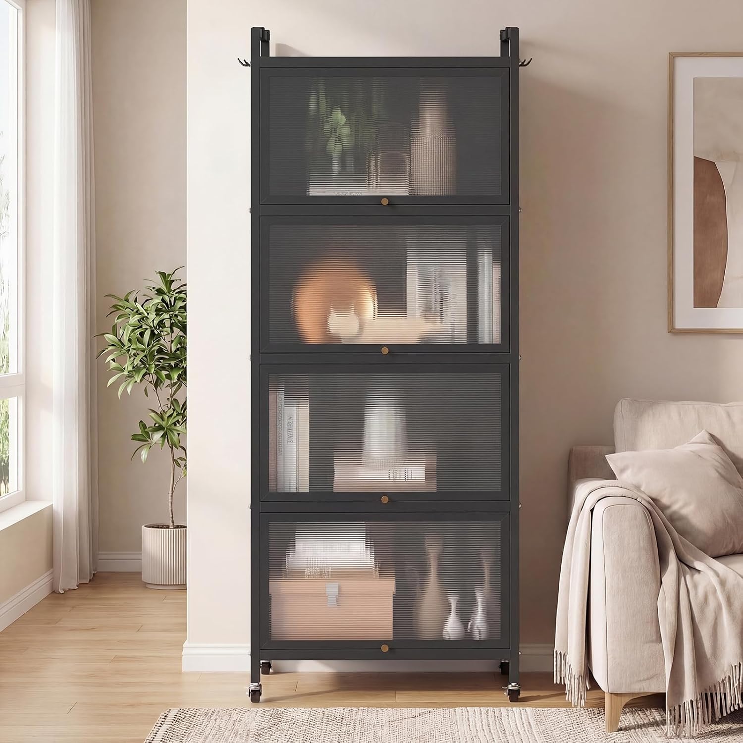 Giantex 5-Tier Kitchen Storage Cabinet, Freestanding Metal Pantry Cabinet w/ 4 Flip-up PC Doors, 4 Hooks & Adjustable Feet, 60' Tall Bakers Rack Microwave Stand for Dining Room, Living Room, Black