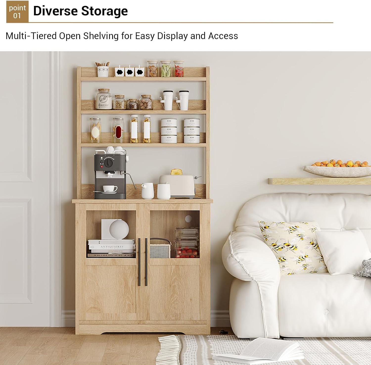 63' Bakers Rack with Storage & Charging Station, Farmhouse Coffee Bar Cabinet, Tall Wooden Microwave Stand with Storage Hutch & 2 Glass Doors for Dining Room, Natural Wood