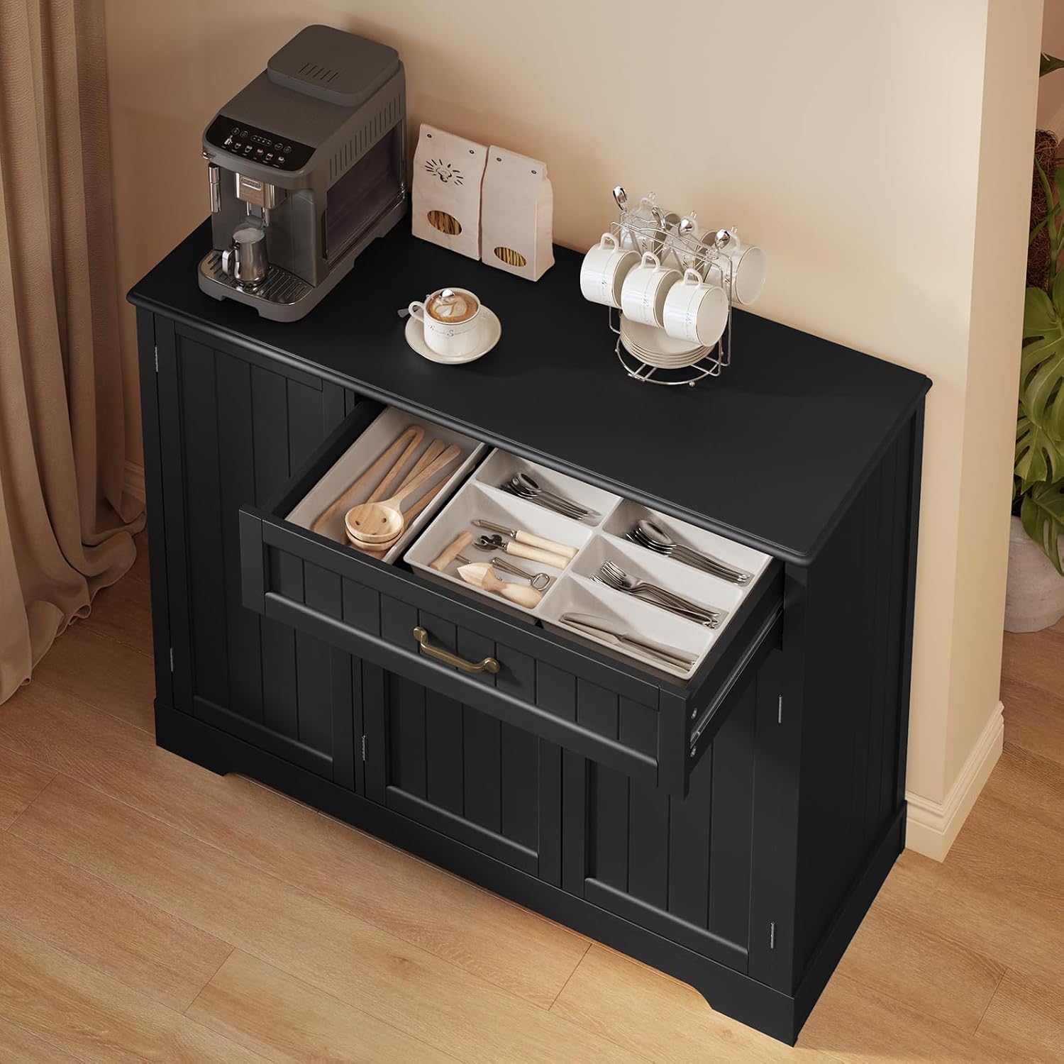 Gizoon Kitchen Sideboard Buffet Cabinet with Storage Small Coffee Bar Cabinet with Drawer, Kitchen Pantry Storage Cabinet with Door and Shelves for Bathroom and Living Room, Black, Painted