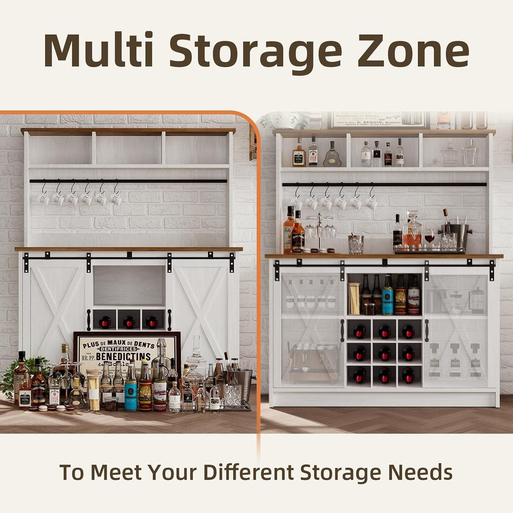 4ever2buy Farmhouse Coffee Bar Cabinet with Storage, 47' Coffee Bar with Storage Hutch & Barn Doors, Hutch Cabinet with 6 Hooks & 9 Wine Racks for Dining Room, Kitchen, White