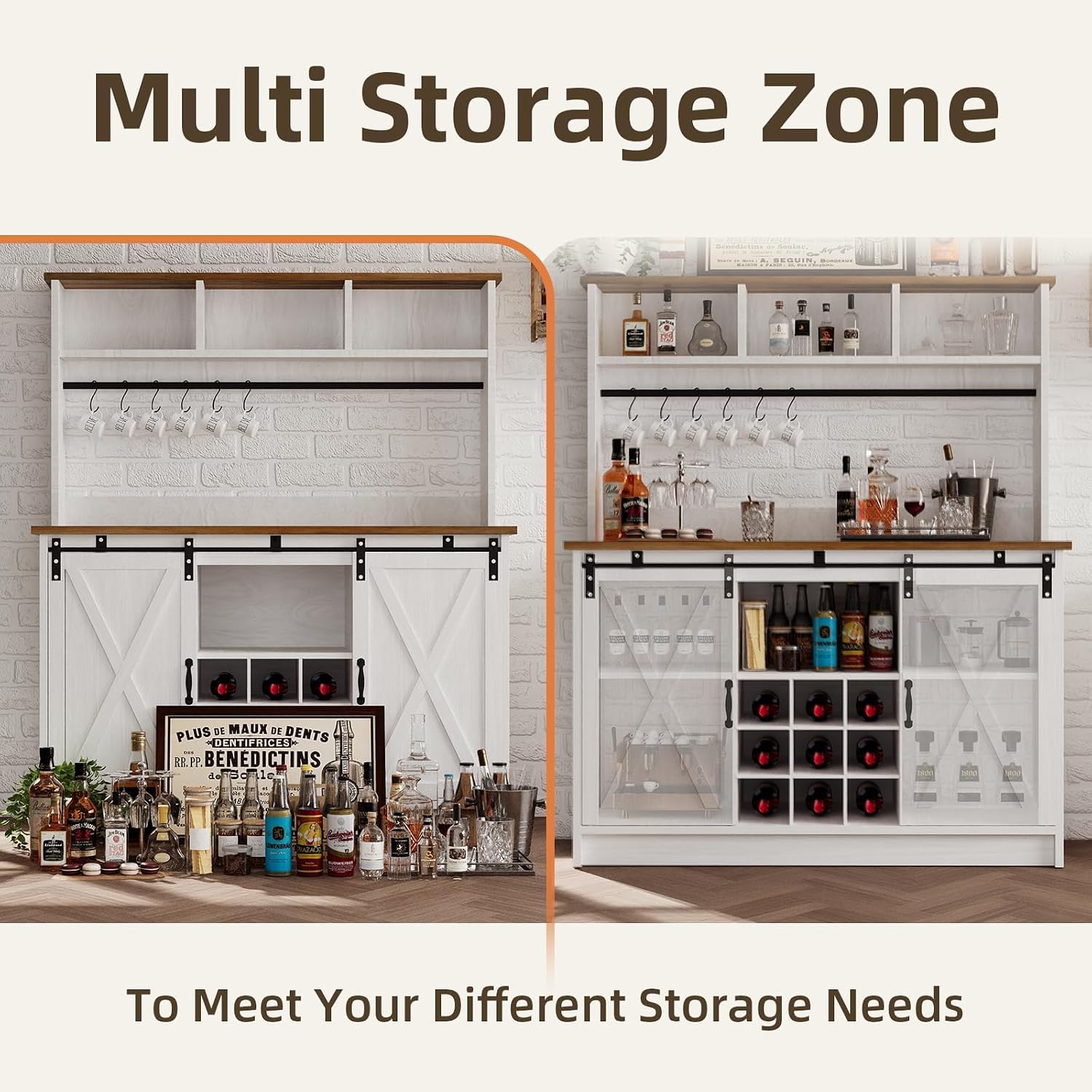 4ever2buy Farmhouse Coffee Bar Cabinet with Storage, 47' Coffee Bar with Storage Hutch & Barn Doors, Hutch Cabinet with 6 Hooks & 9 Wine Racks for Dining Room, Kitchen, White