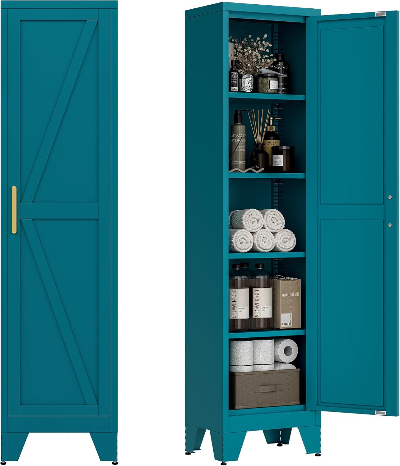 LCAOPC 67' Tall Narrow Bathroom Metal Storage Cabinet with 4 Adjustable Shelves, Freestanding 5 Tier Slim Pantry Storage Cabinet for Small Space, Peacock
