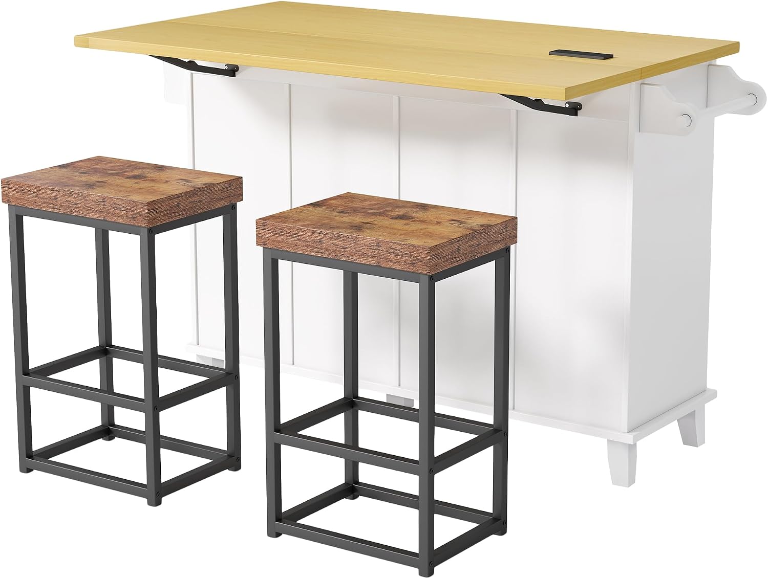 Farmhouse Kitchen Island with Drop Leaf and 2 Seatings, Kitchen Table Set with Storage Cabinet, Drawers, Door Shelves and Power Outlet, White+Rustic Brown