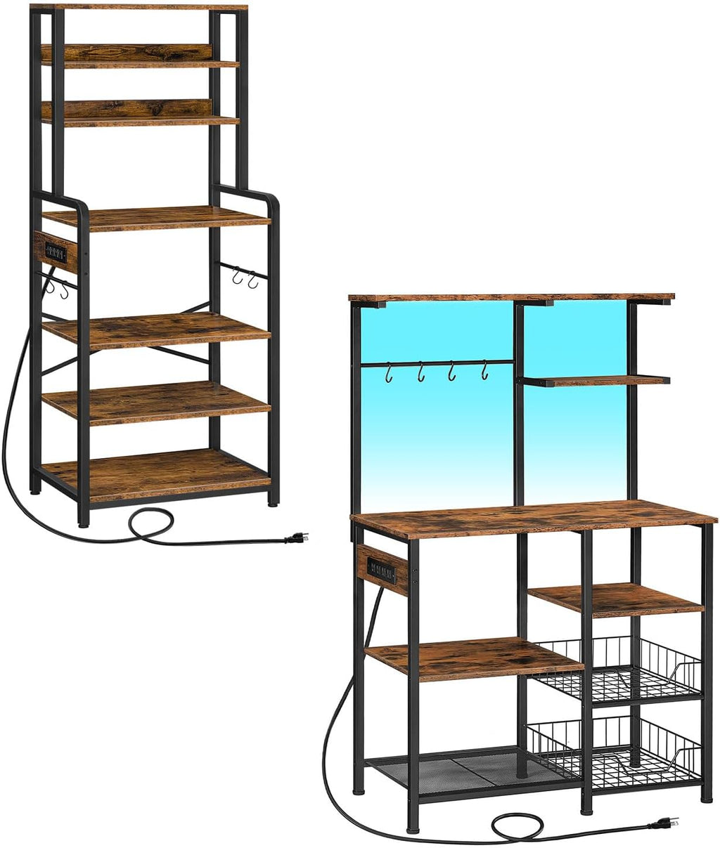 HOOBRO Bakers Rack with Power Outlet, 6-Tier Microwave Stand with LED Light BF06HB01-BF64UDHB01