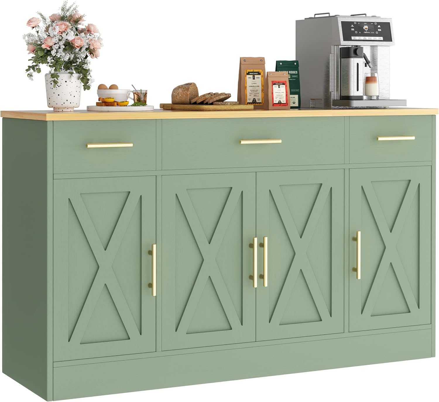 Vongrasig Buffet Cabinet with Storage, Farmhouse Coffee Bar Table with Drawers, 53' Large Modern Sideboard Buffet with Adjustable Shelves, Wood Buffet Table for Kitchen, Dining Room, Green