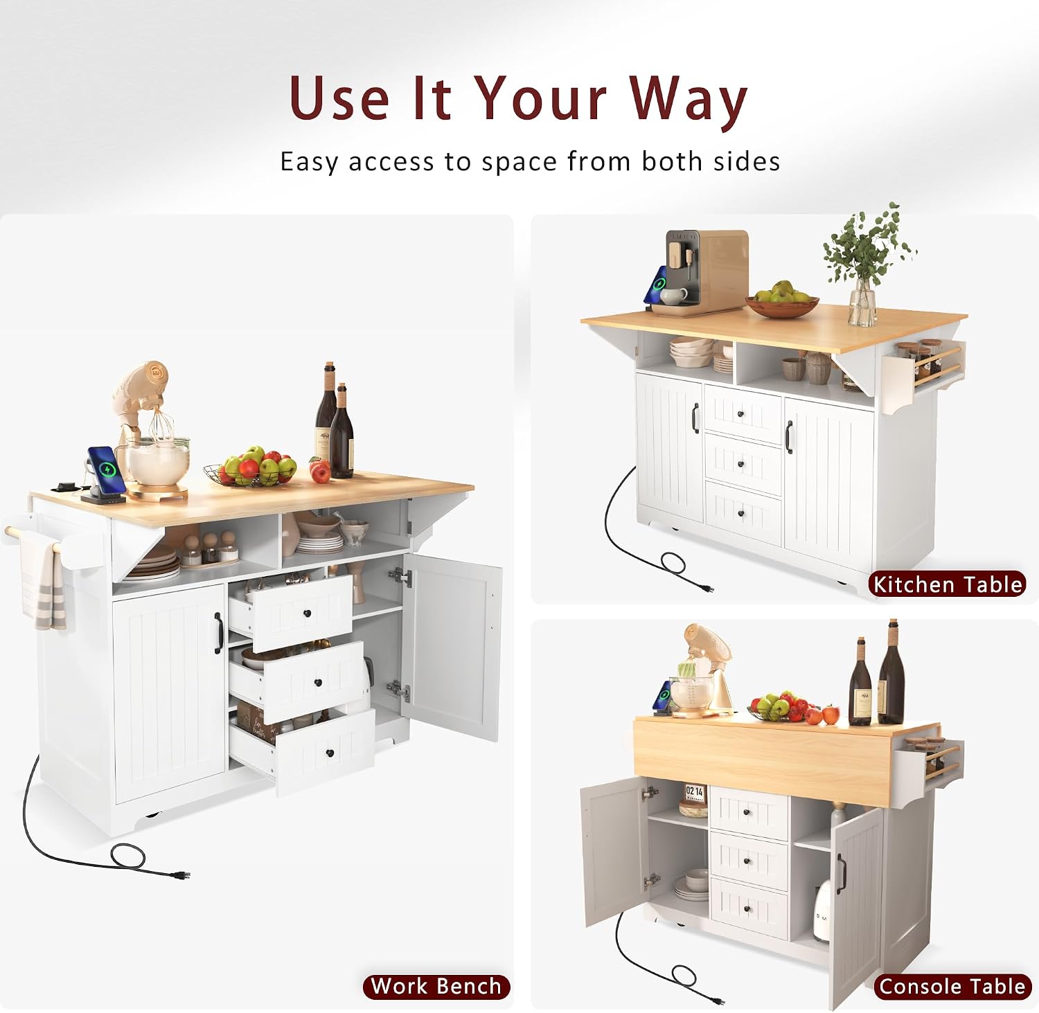 Modern Large Kitchen Island with 2 Drop Leaf, Rolling Kitchen Cart on 5 Wheels with Power Outlet, Folding Storage Dining Table for Kitchen, Dining Room (White/Folding)
