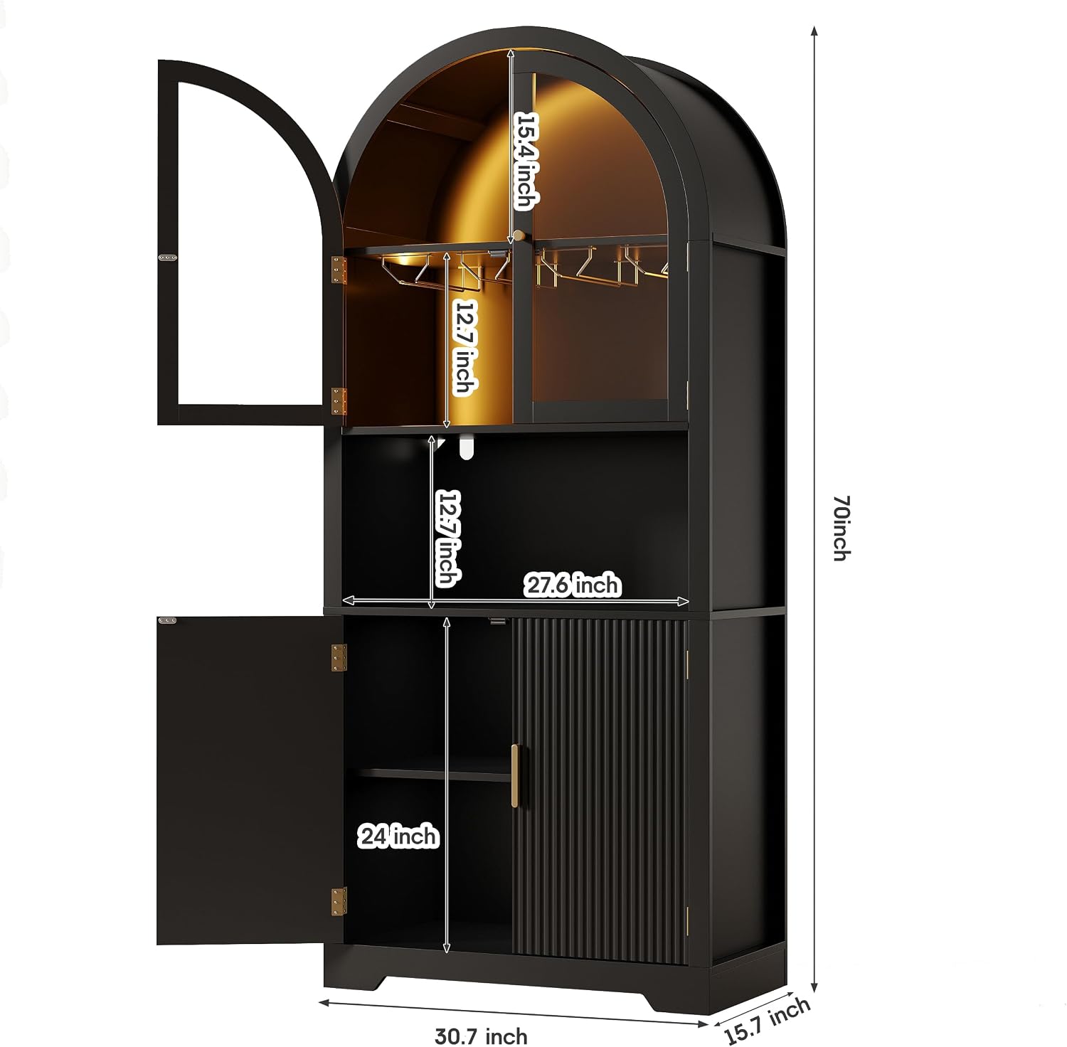 Maupvit 70' Tall Arched Wine Bar Cabinet with LED Light, Fluted Coffee Bar Cabinets with Stemware Rack, Kitchen Pantry Cupboard with Glass Doors, Liquor Cabinet for Home, Dining Room (Black)