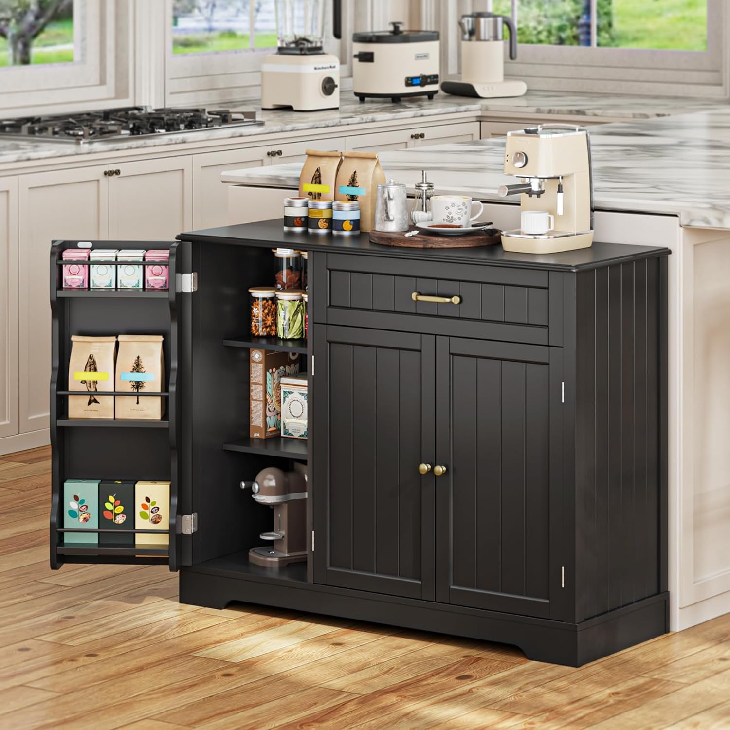 Gizoon Kitchen Sideboard Buffet Cabinet with Storage Small Coffee Bar Cabinet with Drawer, Kitchen Pantry Storage Cabinet with Door and Shelves for Bathroom and Living Room, Black, Painted