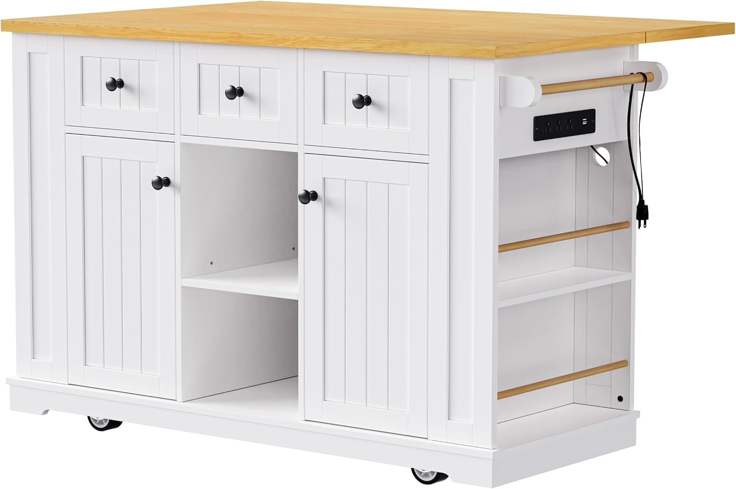 Classic Large Kitchen Island with Drop Leaf, Power Outlet, Door Internal Storage Rack, Rolling Kitchen Storage Cart on 5 Wheels with 5 Open Side Racks, 3 Drawers for Home, Dining Room (White/Wheels)