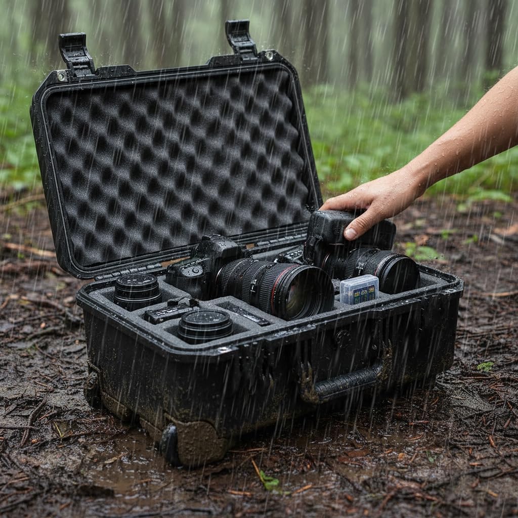 MEIJIA Premium Waterproof Hard Compact Rolling Camera Case with customizable fit foam and wheels,Full Protection with Light&Convenient Design,21.7'x14.1'x8.8',Elegant Black