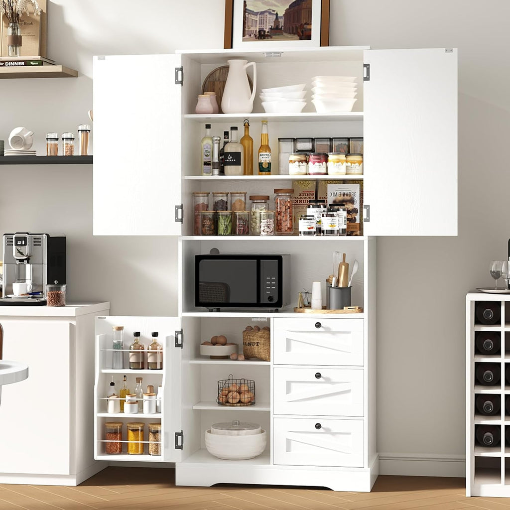 Farmhouse 71 Inch Kitchen Pantry Cabinet, Storage Cabinet with 3 Door Shelves and 3 Drawer, Versatile Storage for Kitchen, Dining Room, Living Room, White Wood Grain
