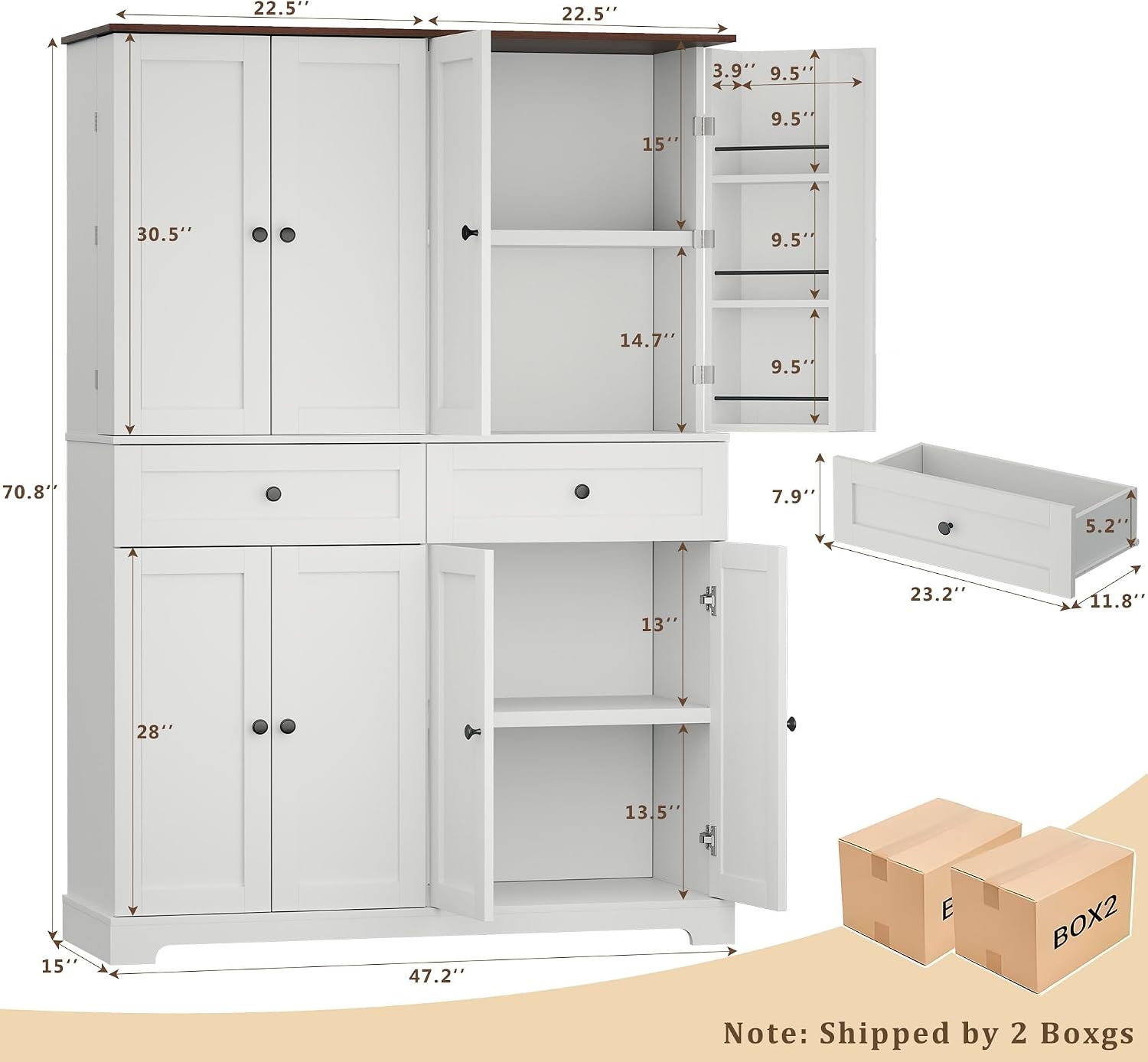 HUAHUU 71' Kitchen Pantry Cabinet with 6 Door Shelves, Tall Pantry Storage Cabinet with 8 Doors & 4 Adjustable Shelves, Modern Kitchen Pantry with 2 Large Drawers for Dining Room, Living Room, White