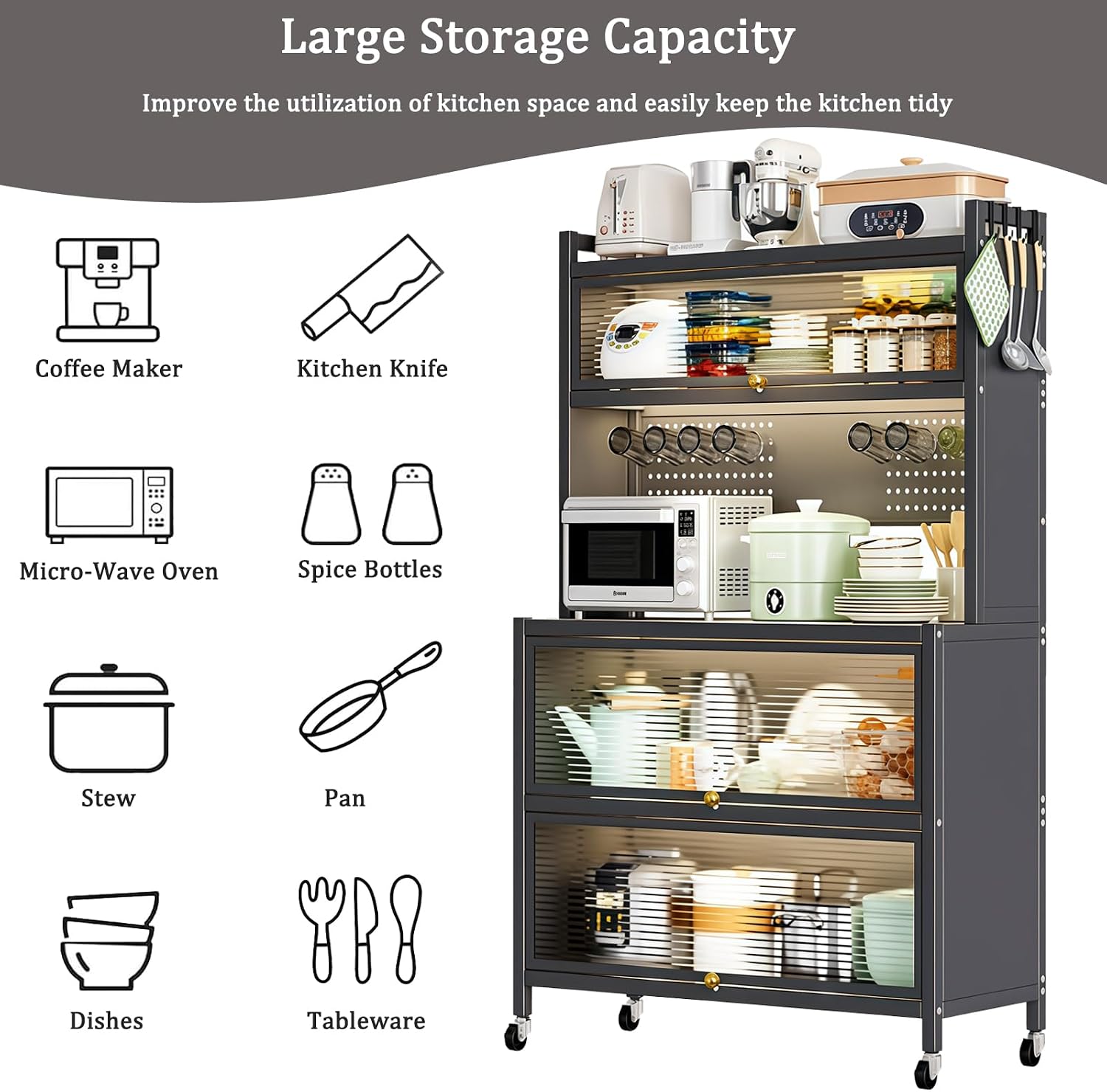 Kitchen Pantry Storage Cabinet, 5 Tier 65' H Metal Sideboard with Wheels and Acrylic Glass Door, Modern Kitchen Storage Rack for Home, Office,Pantry