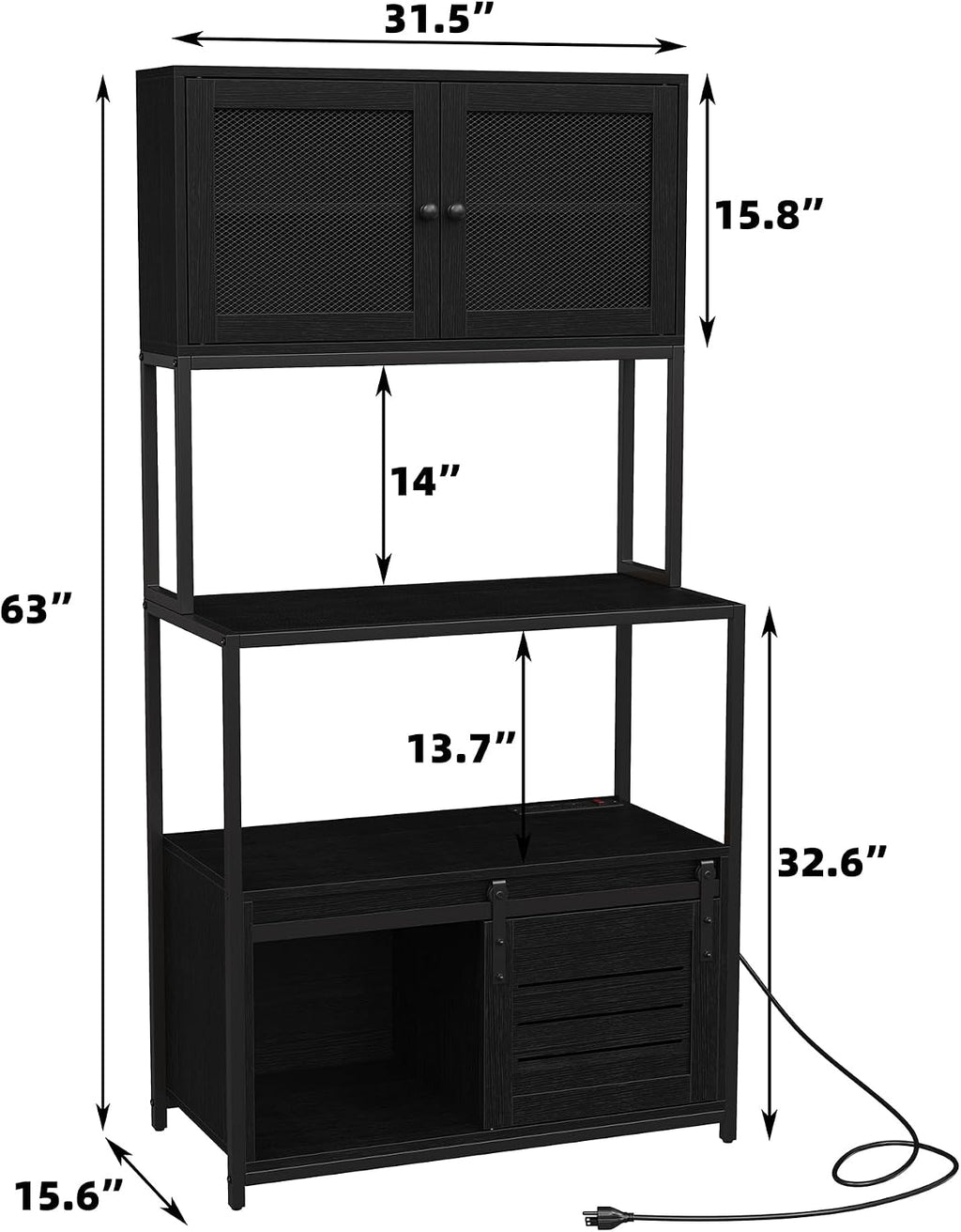 Furniouse 6-Tier Kitchen Bakers Rack with Power Outlet, Industrial Microwave Oven Stand with Shelves, Kitchen Utility Storage Shelf with Cabinet, Standing Storage Rack (Black)