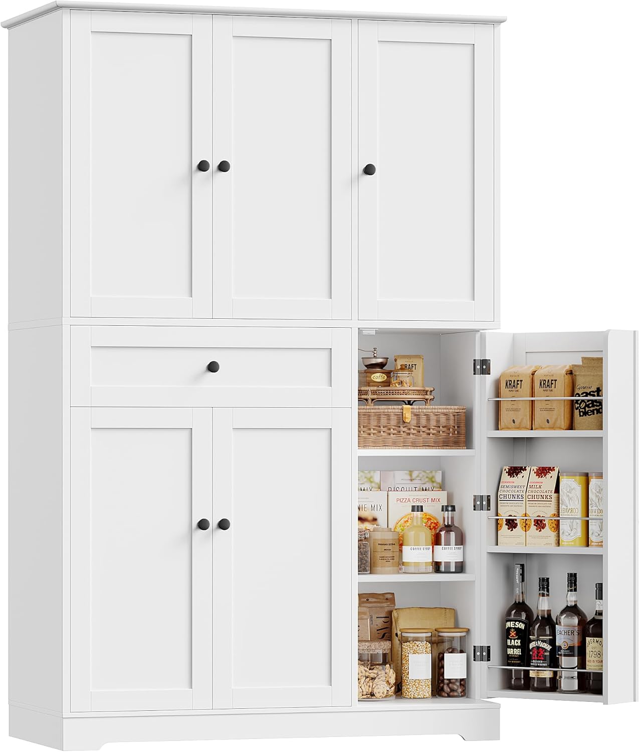HOSTACK 68' Tall Kitchen Pantry Storage Cabinet, Modern Kitchen Hutch Cabinet with Doors and Shelves, Freestanding Food Pantry with Large Storage Drawer for Dining Room, Living Room, White