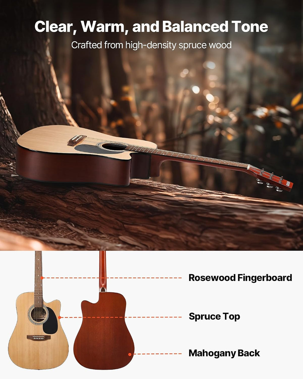 VEVOR Cutway Acoustic Guitar, 41 in, 6-String, Natural Solid Spruce Top Guitar, Beginner Bundle with Gig Bag, Tuner, Strap, Steel Strings, Picks, Capo, Rosewood Fingerboard, for Fingerstyle Solo Jazz