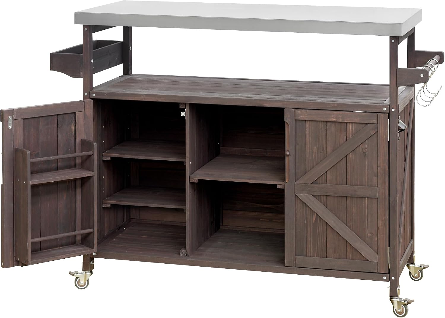 Farmhouse Outdoor Kitchen Island, Rolling Bar Cart & Storage Cabinet with Stainless Steel Top, Spice Rack, Towel Rack for Kitchen & Barbecue, Solid Wood Outdoor Grill Table (Dark Brown)