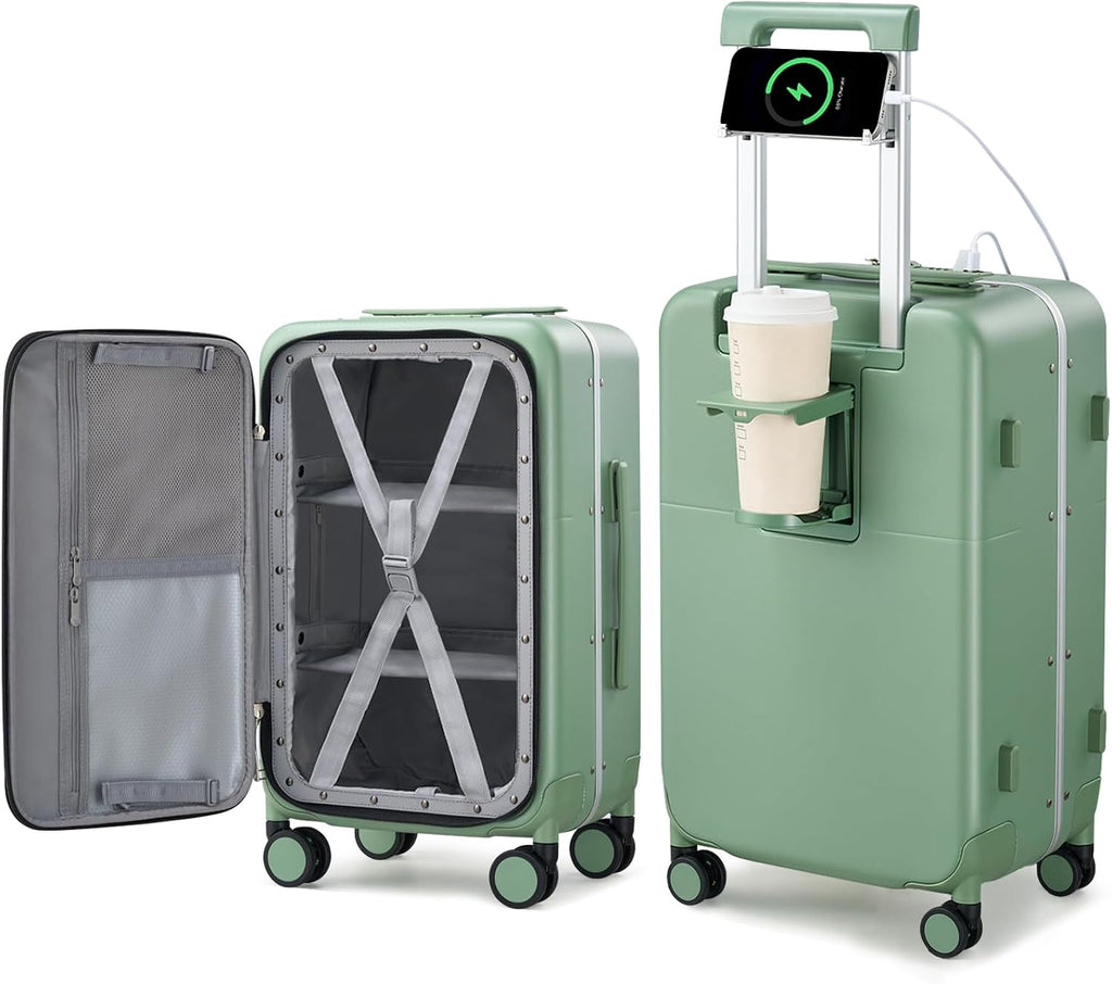Hanke 28 Inch Checked Luggage with Cup Holder and USB Ports, Top Opening Hard Shell Suitcase with Wheels, Aluminum Frame Large Trunk Luggage with Foldable Divider & TSA Lock for Travel, Forest Green