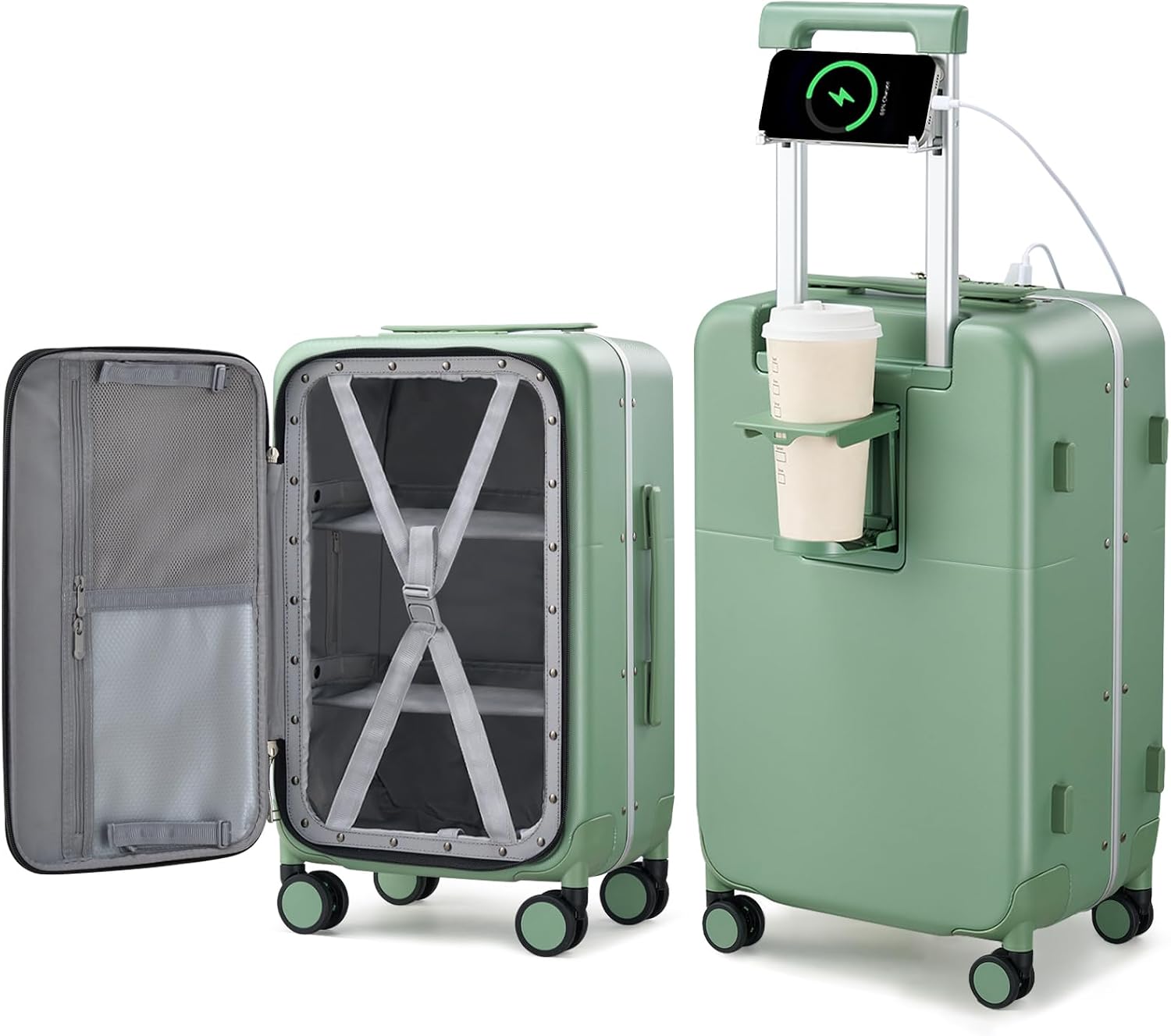 Hanke 28 Inch Checked Luggage with Cup Holder and USB Ports, Top Opening Hard Shell Suitcase with Wheels, Aluminum Frame Large Trunk Luggage with Foldable Divider & TSA Lock for Travel, Forest Green