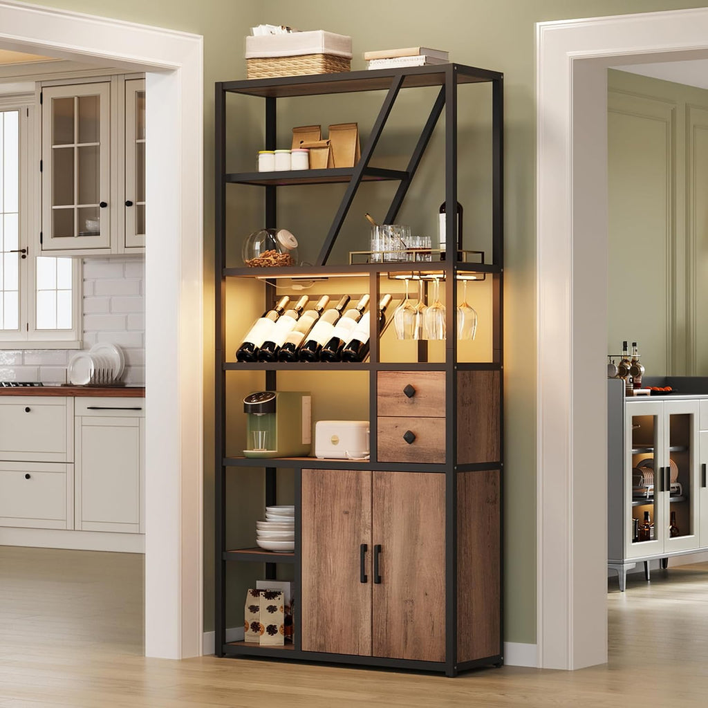 TrailBlaze Tall Home Bar Cabinet with Wine Rack and LED Lights – Power Outlets, Glass Holder, Multi-Function Coffee Bar Station, Microwave Stand, Ample Storage – Black Frame + Brown Wood Board