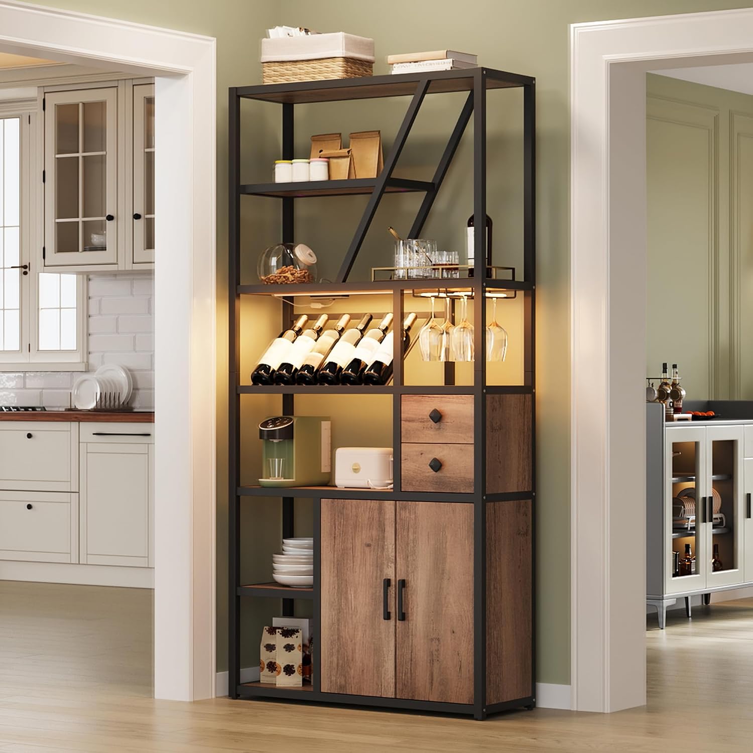 TrailBlaze Tall Home Bar Cabinet with Wine Rack and LED Lights – Power Outlets, Glass Holder, Multi-Function Coffee Bar Station, Microwave Stand, Ample Storage – Black Frame + Brown Wood Board