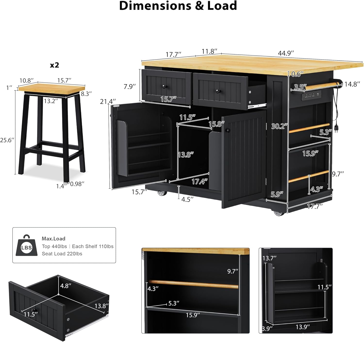 48 inch Rolling Kitchen Island Storage Cart on 5 Wheels with Drop Leaf, 2 Bar Stools, Power Outlet, Door Internal Storage Rack, 5 Open Side Racks, 2 Drawers for Dining Room, Home Bar Black