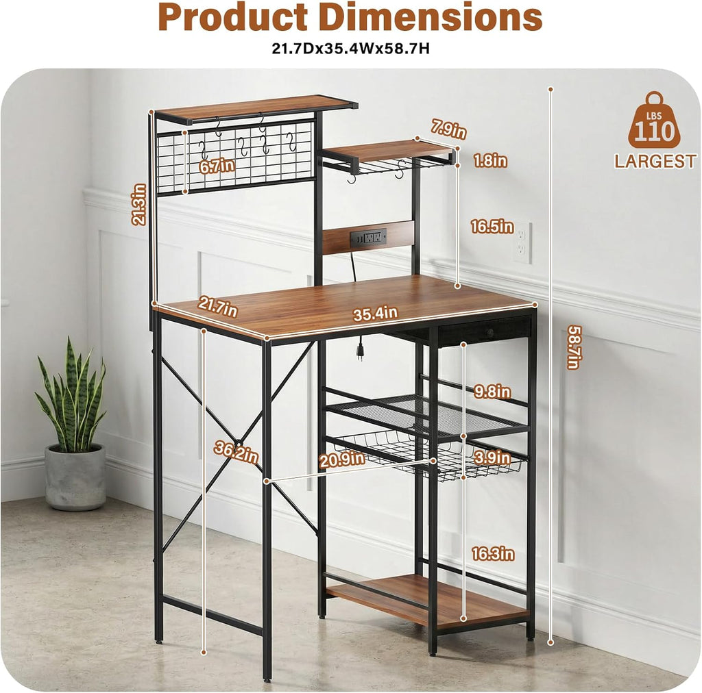 CozyDH Bakers Rack with Power Outlet, Kitchen Microwave Shelf with Storage Shelves, Wood Coffee Bar with Wire Basket and 8 S-Shaped Hooks, Rustic Brown 35.4 Inches