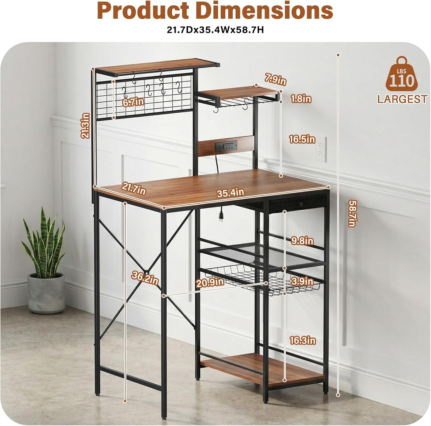 CozyDH Bakers Rack with Power Outlet, Kitchen Microwave Shelf with Storage Shelves, Wood Coffee Bar with Wire Basket and 8 S-Shaped Hooks, Rustic Brown 35.4 Inches