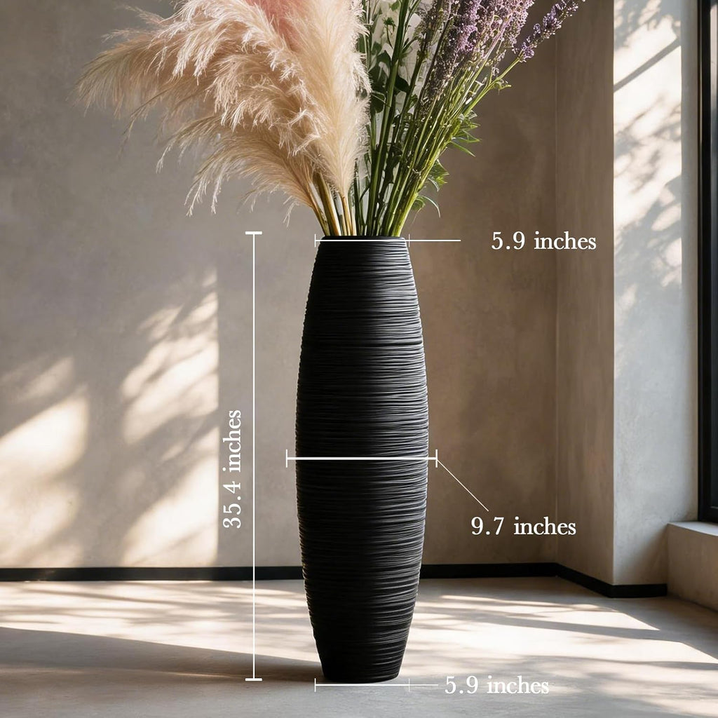 Large Floor Vase 35.4' Matte Black, Resin Wide-Body Vase with Horizontal Ribbed Texture for Dried Pampas Grass Branches, Modern Home Decor for Living Room Corner Entryway