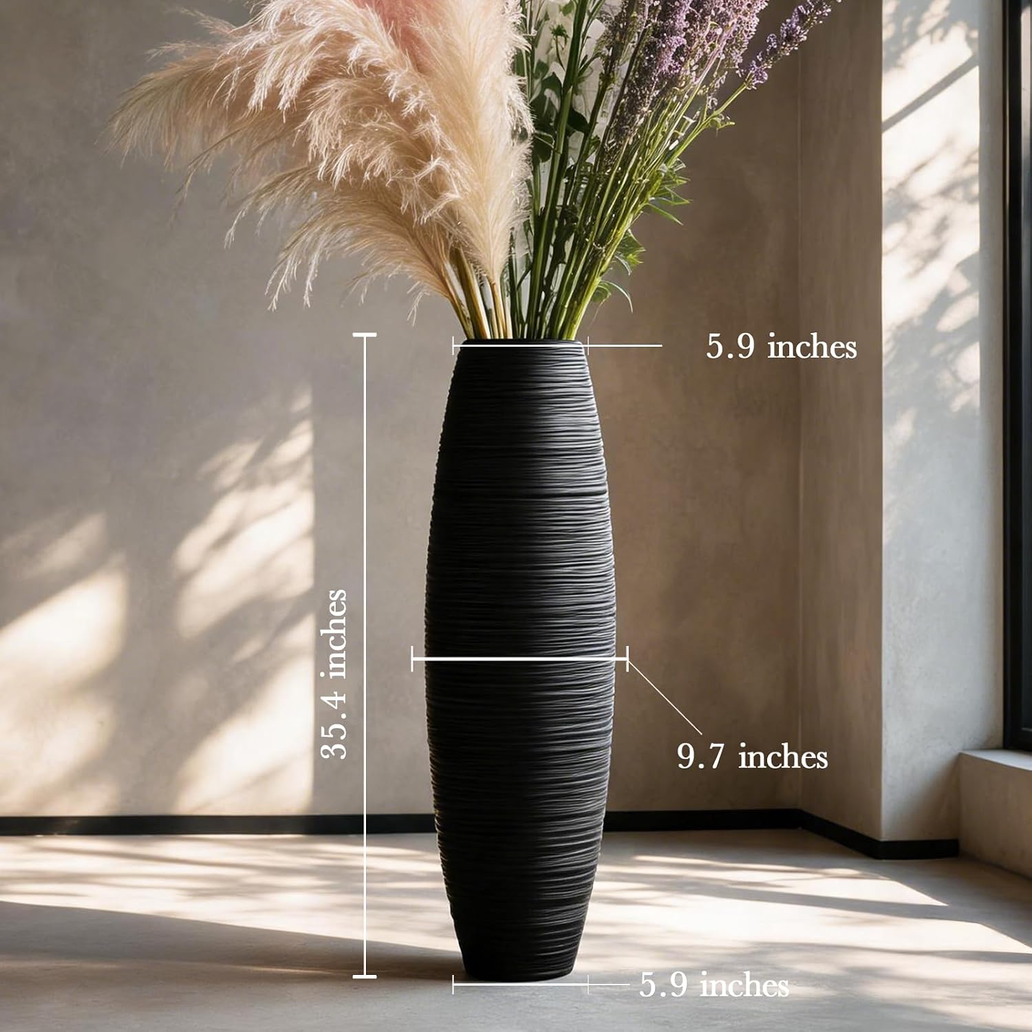 Large Floor Vase 35.4' Matte Black, Resin Wide-Body Vase with Horizontal Ribbed Texture for Dried Pampas Grass Branches, Modern Home Decor for Living Room Corner Entryway