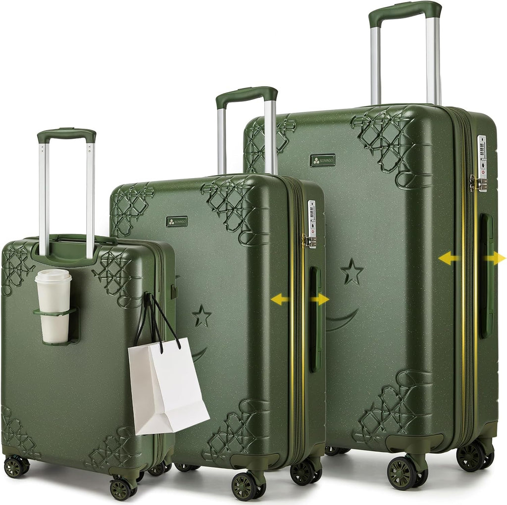 Somago 3 Piece Luggage Set with Cup Holder, Expandable 25% Capacity Suitcase with Shock-Absorbing Braking Spinner Wheels Moon Star Design Hardside Suitcase with TSA Lock (Army Green,Expandable Sets)