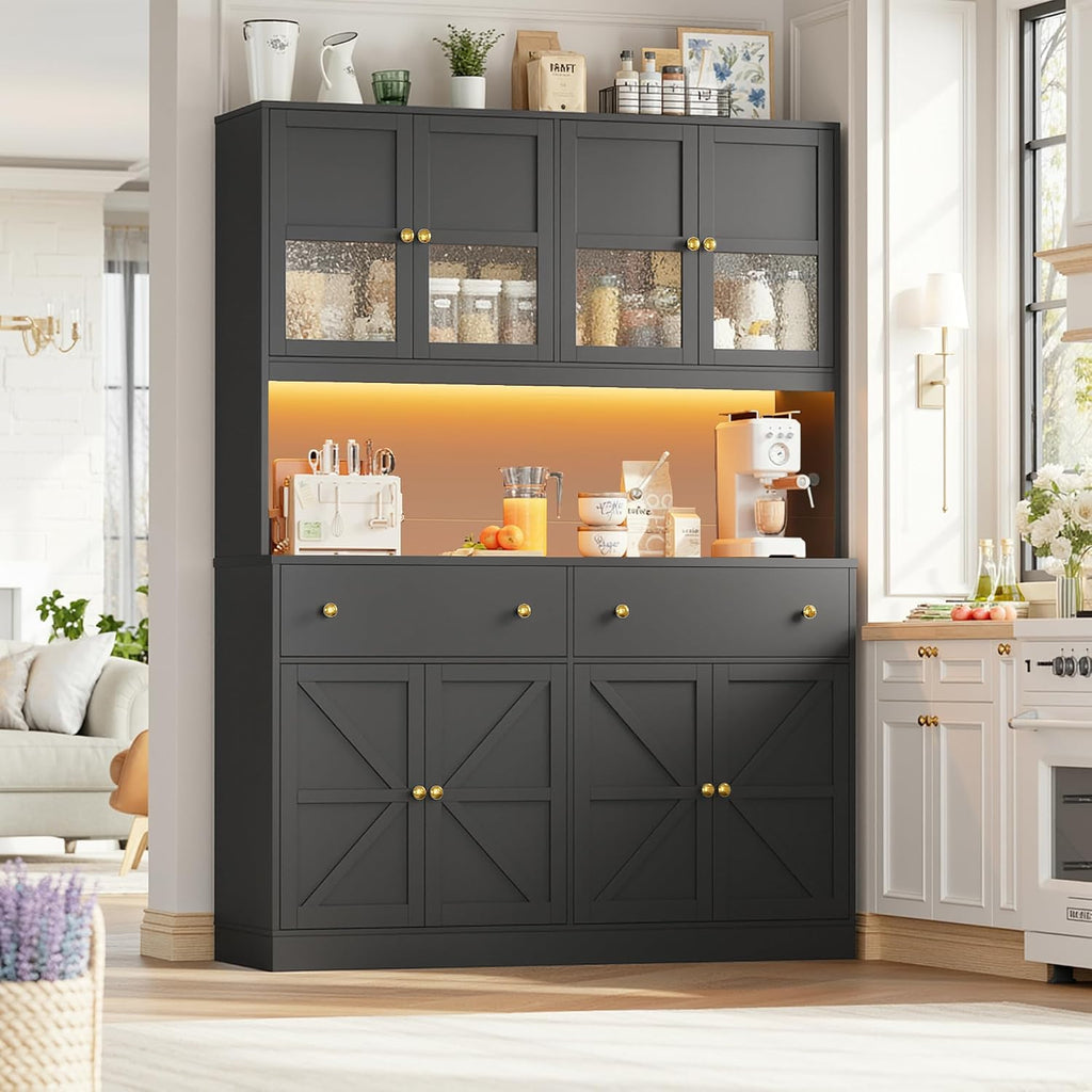 FINETONES 71' Pantry Cabinet with LED Light and Charging Station, Farmhouse Kitchen Pantry Cabinet with Microwave Stand, 47.2' Wide Kitchen Hutch Food Pantry with Open Countertop, Black