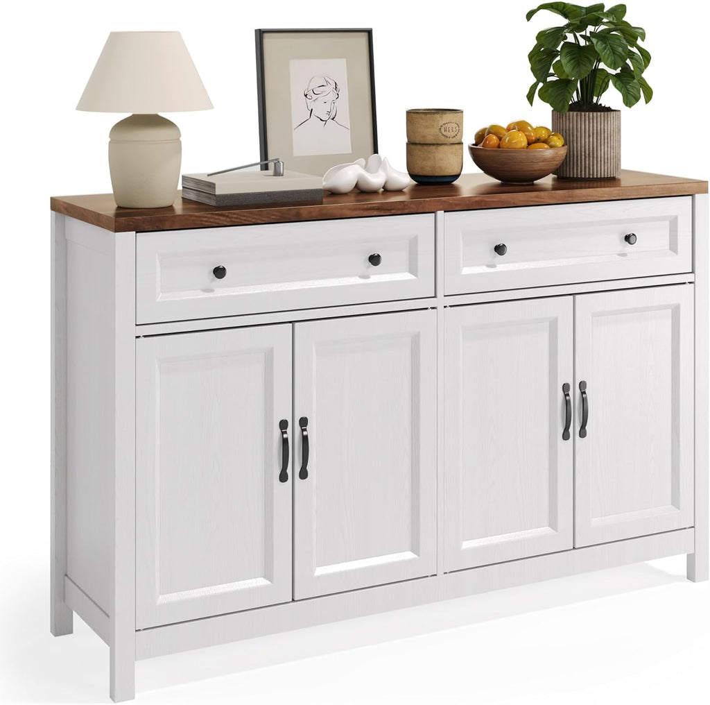 Gizoon Farmhouse Kitchen Sideboard Buffet Cabinet with Storage, Wood Coffee Bar and Storage Sideboard with Drawers and Doors for Kitchen, Dining Room, 15.7' D x 55.1' W x 35.3' H, White/Rustic Brown