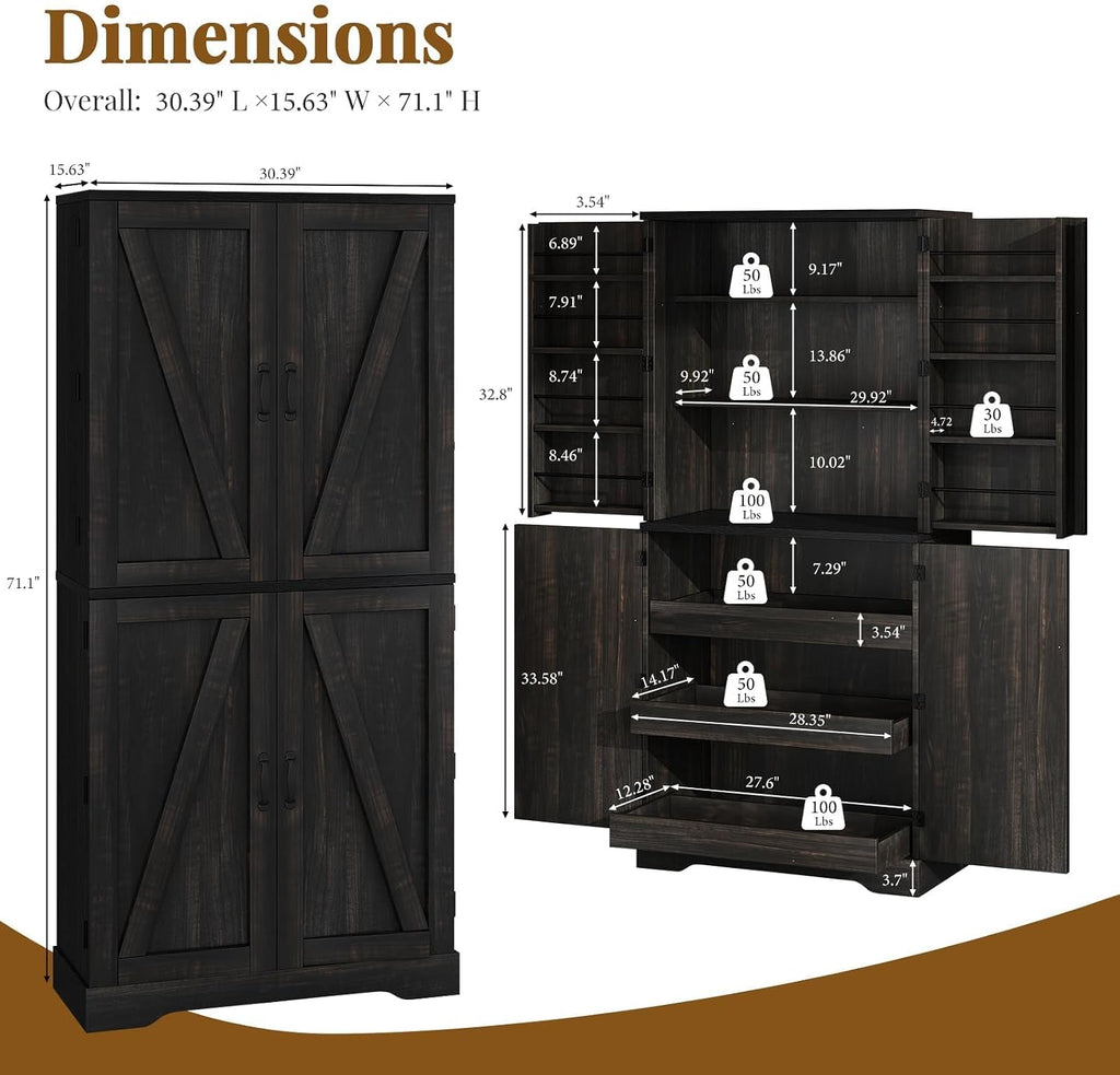 REVOMINCA Pantry Cabinet, 72 Inch Tall Kitchen Pantry Cabinet with Barn Door, Freestanding Storage Cabinet with Drawer & Adjustable Shelves, Pantry Organizer for Kitchen Dining Room Living Room, Oak