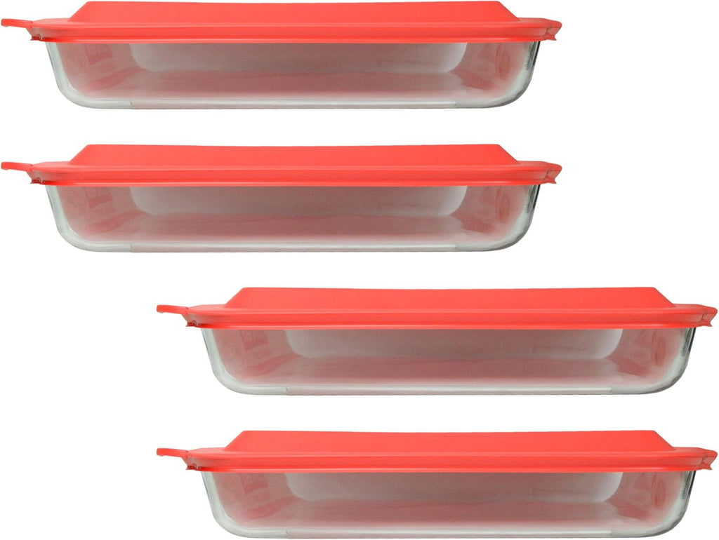Pyrex 233 3qt Glass Baking Dish & 233-PC Red Food Storage Replacement Lid (4-Pack) - Made in USA