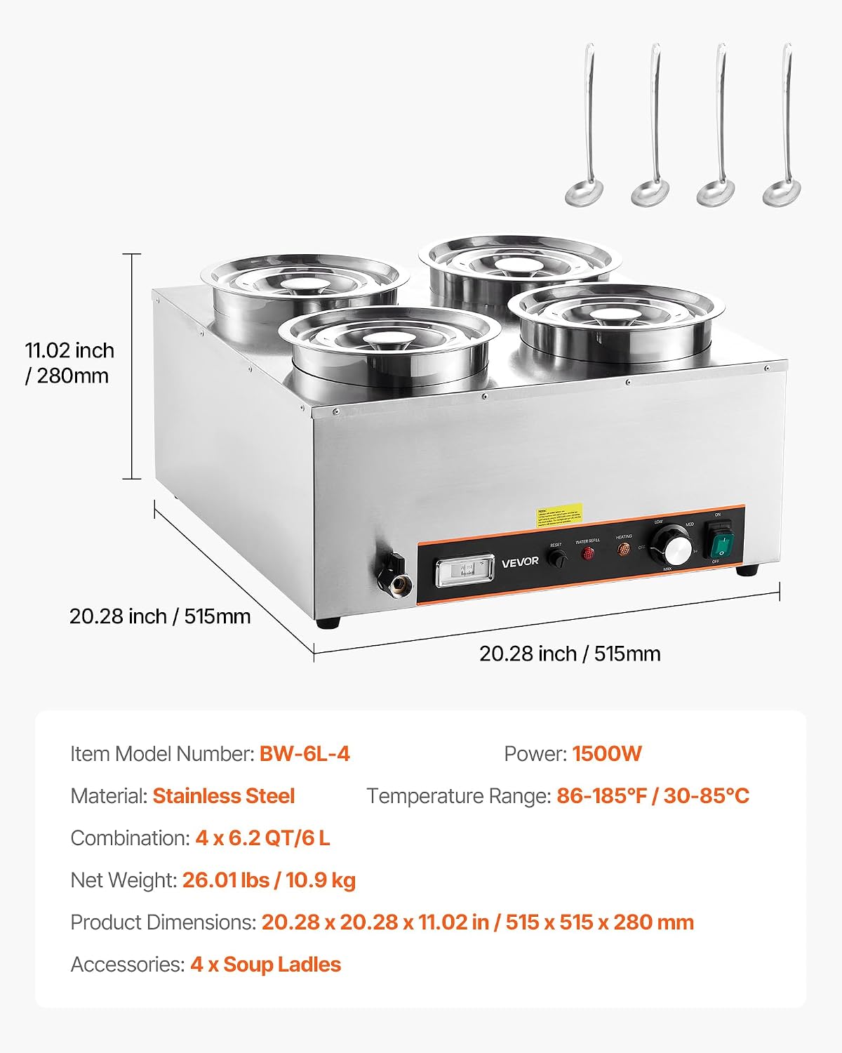 VEVOR Electric Soup Warmer, Four 6.34QT Stainless Steel Round Pot with 86~185°F Adjustable Temp, 1500W Commercial Bain Marie with Anti-Dry Burn and Reset Button, Soup Station for Restaurant, Buffet