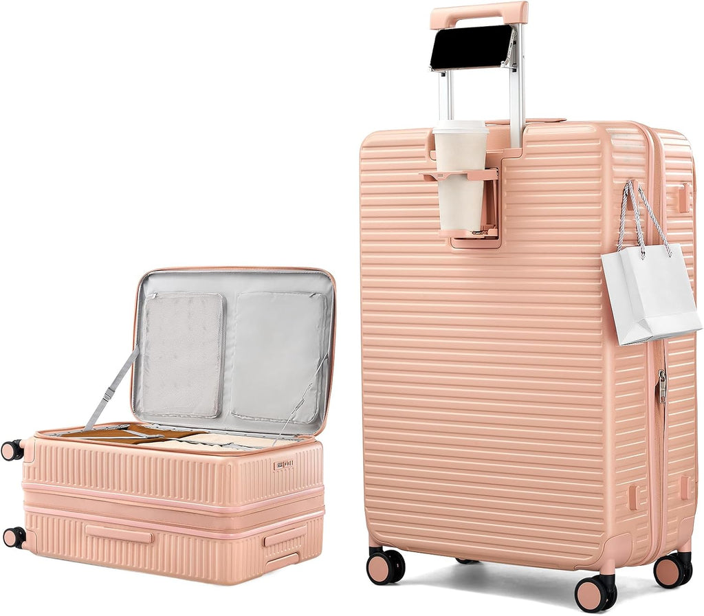 HanTrip Hard Shell Suitcases 28 Inch Large Checked Luggage with Spinner Wheels Cup Holder, Expandable Check in Luggage Lightweight Top Opening Luggage Big Rolling Suitcase with Lock, Pink