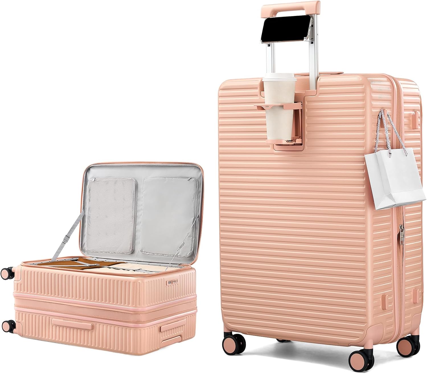 HanTrip Hard Shell Suitcases 28 Inch Large Checked Luggage with Spinner Wheels Cup Holder, Expandable Check in Luggage Lightweight Top Opening Luggage Big Rolling Suitcase with Lock, Pink