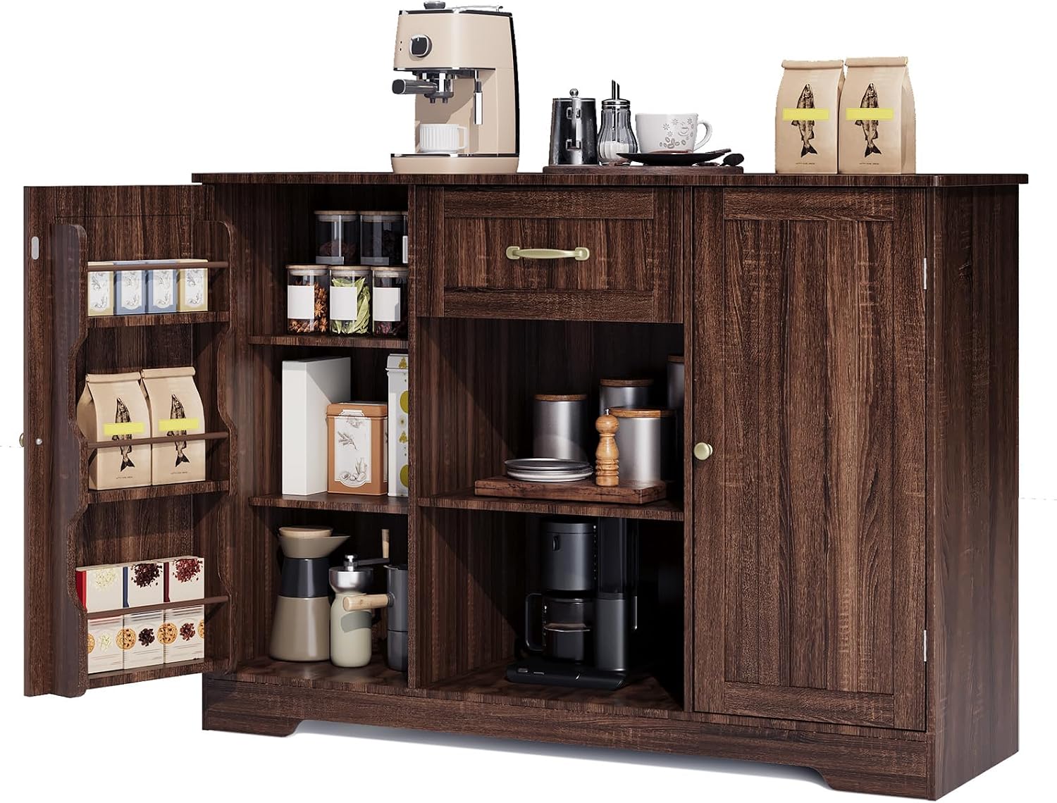 Gizoon 45' Kitchen Sideboard Buffet Cabinet with Storage Coffee Bar Cabinet with Drawer, Kitchen Pantry Storage with Door and Shelves for Bathroom and Living Room, Dark Brown