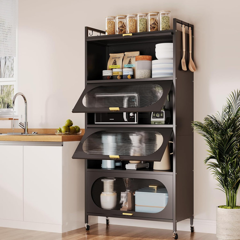 Kitchen Pantry Storage Cabinet,5 Tier Rolling Microwave Stand, Bakers Rack,Metal Pantry Cabinet with 4 Flip-up Doors for Kitchen,Living Room,Study (Black)