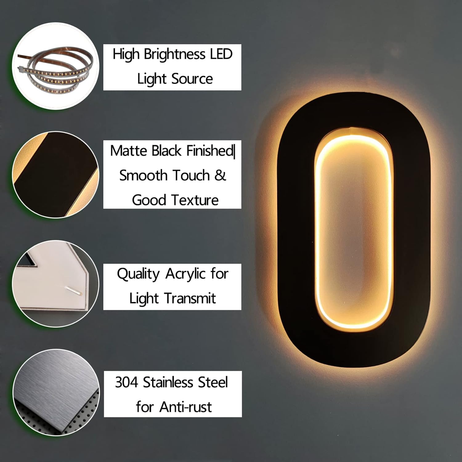 Modern Illuminated Address Numbers, 14' Backlit Floating LED House Number For Outside, Stainless Steel Light Up Home Address Number With Nail Kit,U